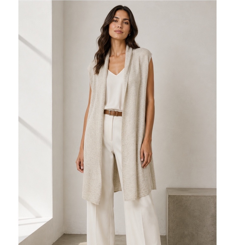 NWT Top It Off Beige Cashmere  Blend Sleeveless Open Cardigan Vest OS Travel